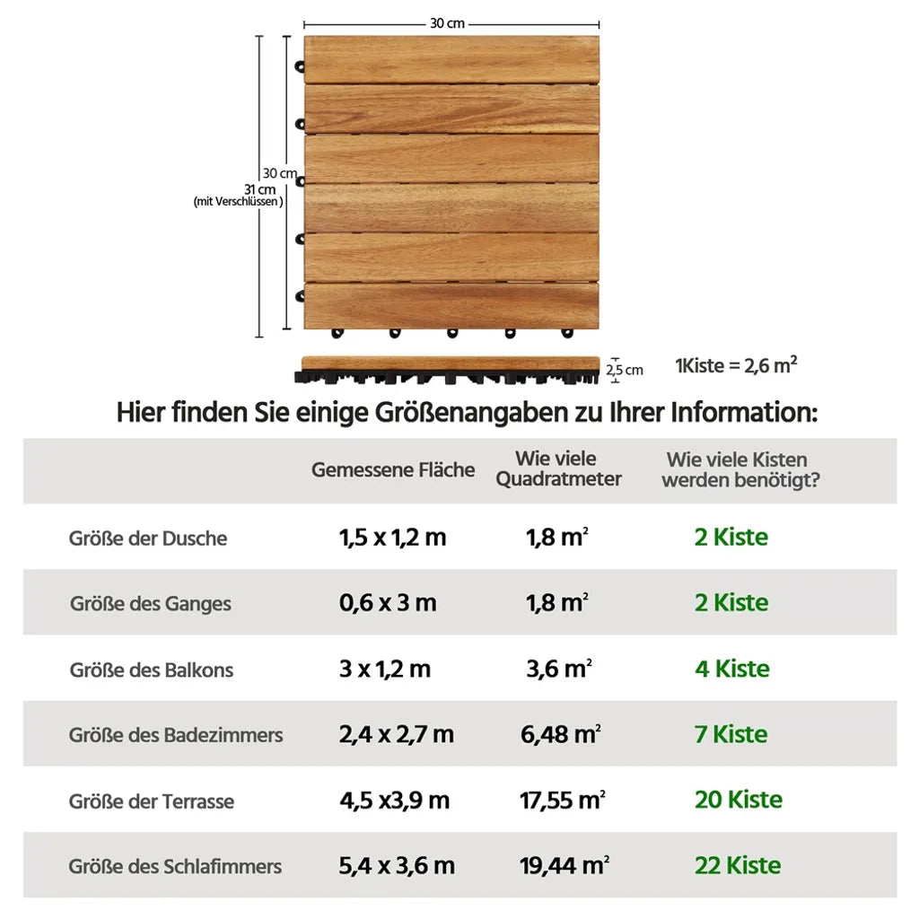 Yaheetech Terra Tiles Acacia Wood - Lot de 10 - 31 x 31 cm - Click system - 0.96 m²