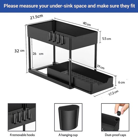 Nexxt Kitchen Cabinet Organiser - 2 Layers - Rack with Pull-out Drawer - Includes Hooks and Trays - Sink Organiser - Black