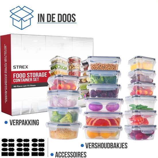 Récipients de conservation Strex - avec couvercle - plastique -  Ensemble de 18 pièces - Transparent