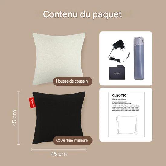Auronic Oreiller chauffant - Classique - 45x45 - Sans fil - Rechargeable - Oreiller électrique - Infrarouge - Taupe
