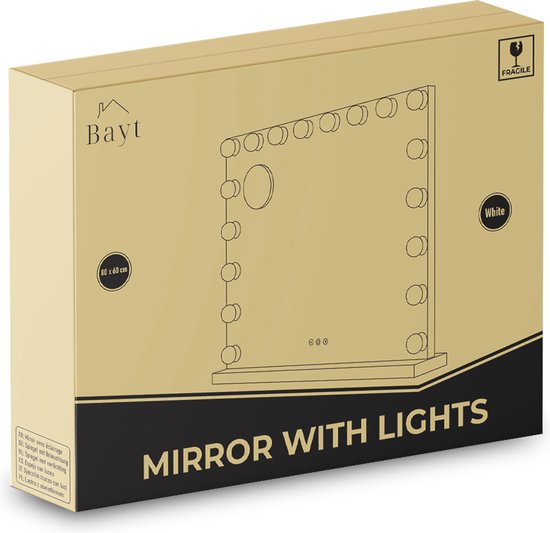 Bayt Hollywood Mirror with Lighting - Make-up Mirror with Lighting - Mirror with Lighting - Hollywood Mirror 80x60 - Dimmable - 10x Magnification - 80x60cm - White