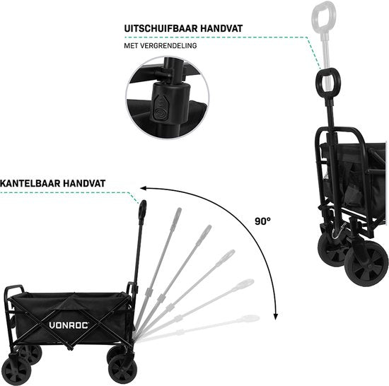 VONROC Wagon - Modèle compact - Pliable - Capacité de charge de 60 kg - Capacité de 50l - Roues solides anti-fuites - Cadre en acier robuste - Polyester 600D - Noir