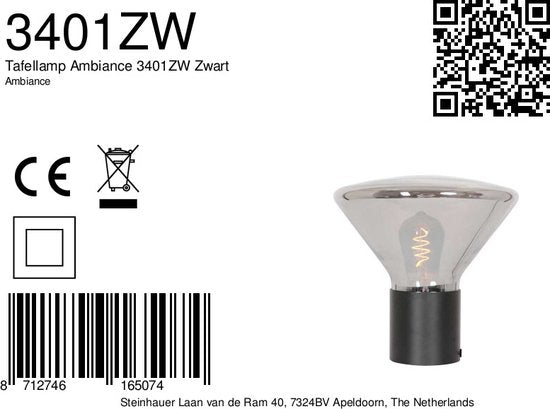 Lampe de table Ambiance 3401ZW noire, 25 cm de hauteur, 26 cm de diamètre, en verre, métal et composants électroniques, Steinhauer, design contemporain pour usage intérieur