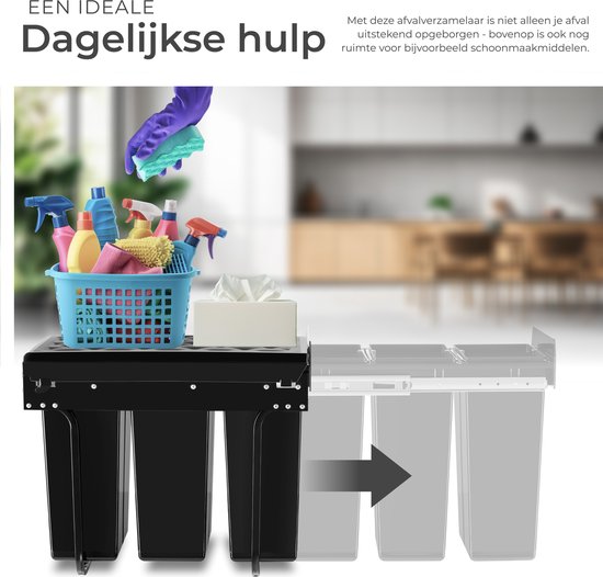 tectake® Collecteur de déchets - Poubelle encastrée - Séparation multiple des déchets - Solution de rangement efficace pour la cuisine et le bureau - Poubelle triple avec rails télescopiques - 3x 10L