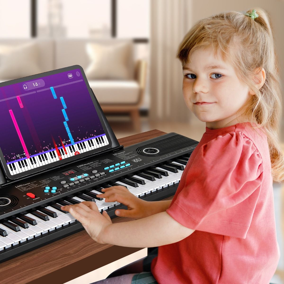 Clavier pour enfants Coast, 61 touches, avec support, micro et housse de transport - 58 x 18 x 5 cm - Noir
