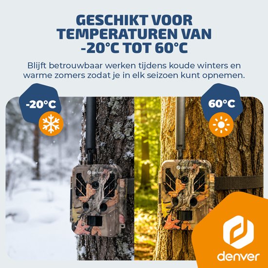 Caméra de surveillance Denver avec vision nocturne et connexion 4G - Diffusion en direct - Vidéo 4K Ultra HD - 48 MP - Alimentation solaire - Application TrailCam Go - WSL8050