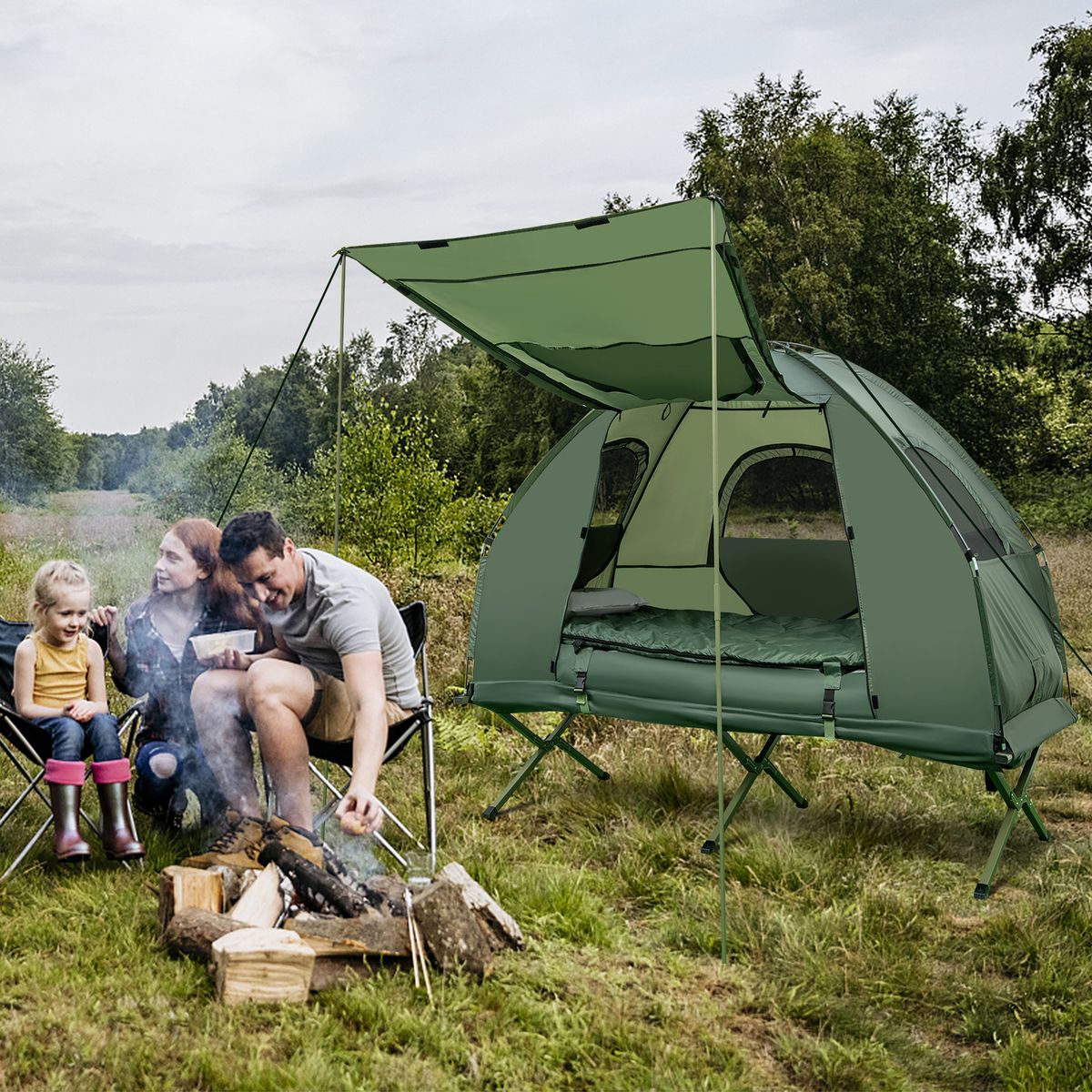 Lit de camp Coast avec tente - Kit de camping 5 en 1 - Matelas gonflable, sac de couchage et oreiller - Vert - 194 x 87 x 167 cm