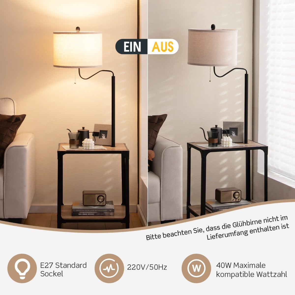 Table d'appoint moderne Coast avec lampe de table et lampe de chevet orientable à 360° 49 x 34 x 144 cm