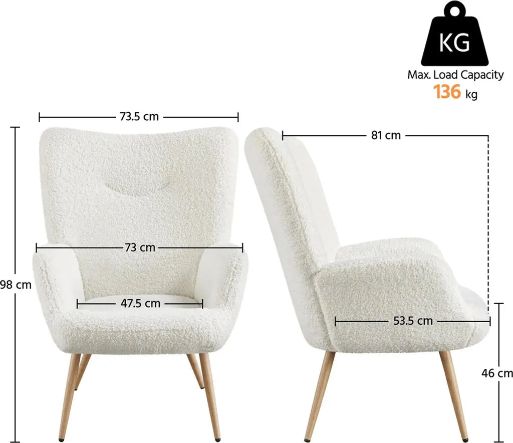 Fauteuil de détente Yaheetech 73,5 x 81 x 98 cm - Blanc - Fauteuil scandinave avec revêtement en bouclé
