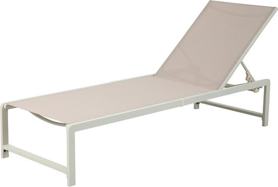 Chaise longue AXI Zane beige/marron – Structure en acier thermolaqué – Dossier à 5 positions – Assise en Textileen – 173 x 62 cm
