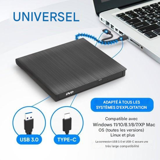 Lecteur DVD Externe avec Graveur Strex, CD/DVD, Plug & Play, USB 3.0 DVD Player, noir