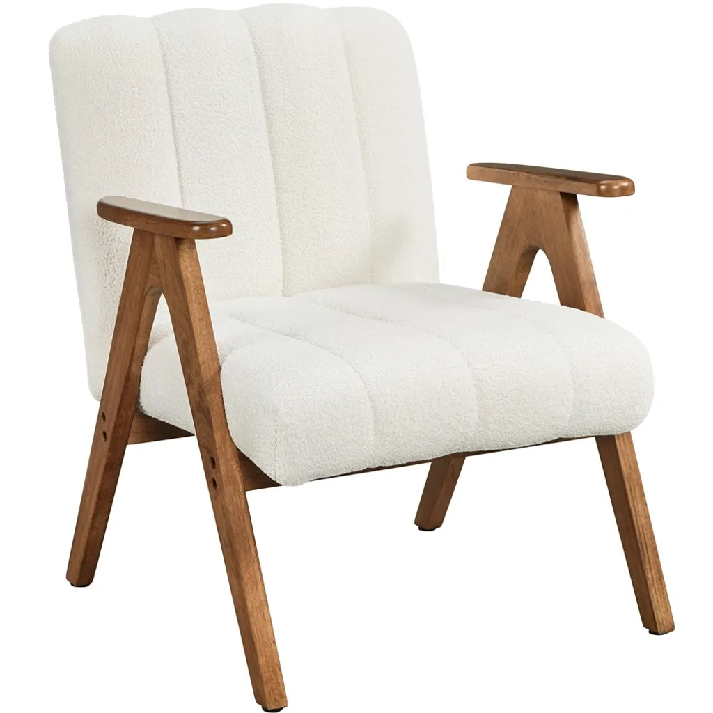 Yaheetech Armchair White - Chaise longue bouclée avec accoudoirs et pieds en bois - 60,5 x 68,5 x 73 cm