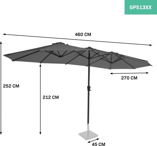 VONROC Premium Parasol Iseo - 460x270cm - Parasol double - Durable - Toile résistante aux UV - Gris - Housse de protection incluse