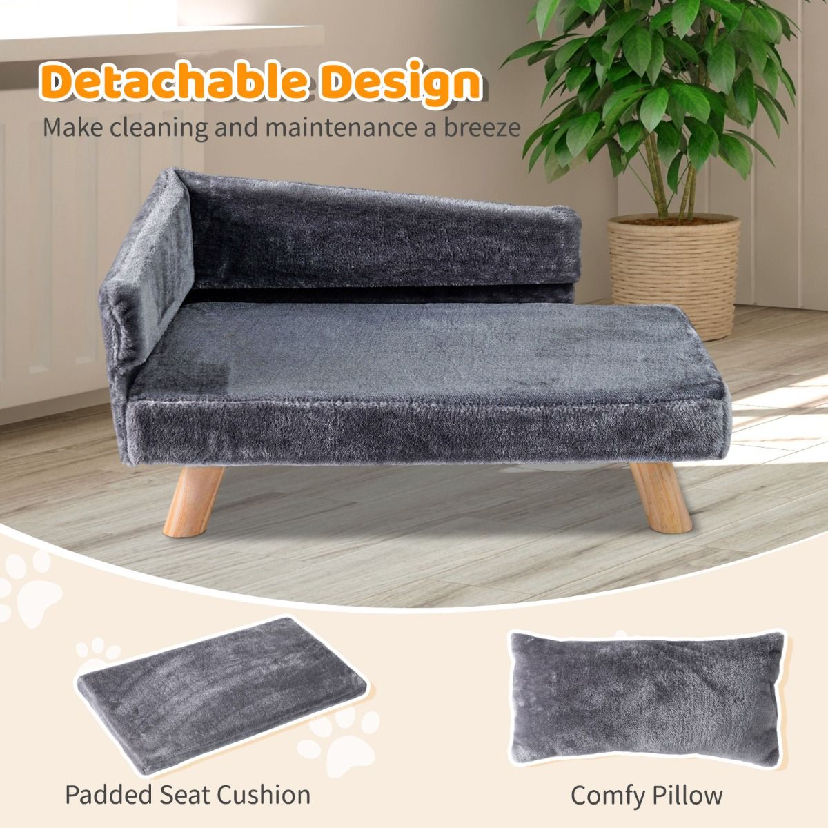 Lit surélevé pour animaux de compagnie Coast - Canapé pour chien avec coussin et oreiller amovibles - Gris - 71 x 43 x 40 cm