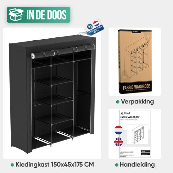 Avalo Armoire en tissu pliable XXL - 150x45x175 CM - Armoire - Armoire de chambre - Noir
