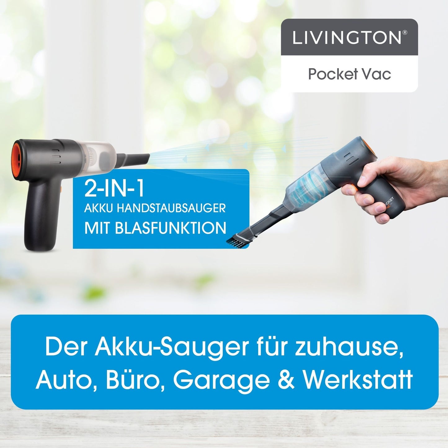 Aspirateur à main sans fil Livington PocketVac avec fonction soufflerie – Compact – Léger – 5 embouts inclus