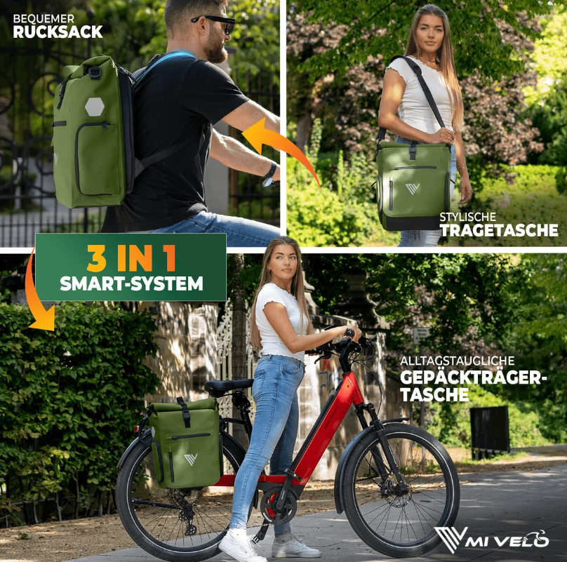 Sac à dos pour vélo MiVelo EVO - 25 L - 100 % imperméable - 3 en 1 - Compartiment pour ordinateur portable - 60 x 30 x 15 cm