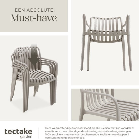 tectake® Lot de 4 chaises de jardin Alcudia - Taupe - Chaises en plastique avec accoudoir - Empilables - Chaises pour jardin, terrasse ou balcon - Résistantes aux intempéries et aux UV - Capacité 120kg par chaise de jardin