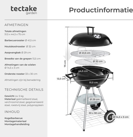 Barbecue au charbon de bois tectake® - Barbecue sphérique - Plaque de cuisson Ø 41,5 cm - Barbecue à 2 roues - Fumoir avec couvercle - Rond - Noir - Métal