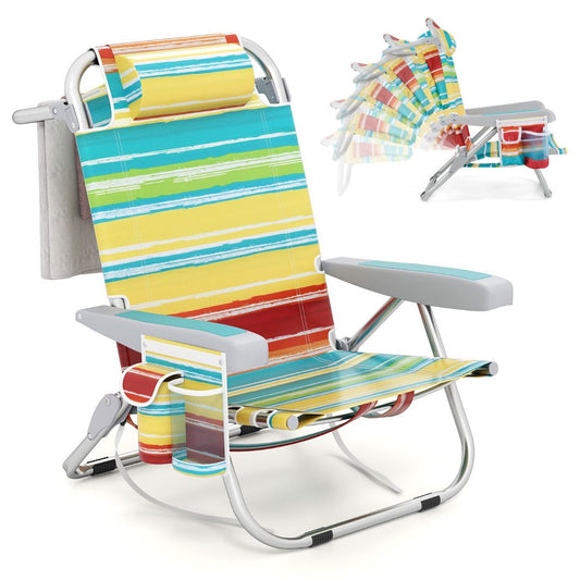 Chaise de plage avec dossier réglable à 5 positions, pliable, avec porte-gobelet et compartiments de rangement, multicolore