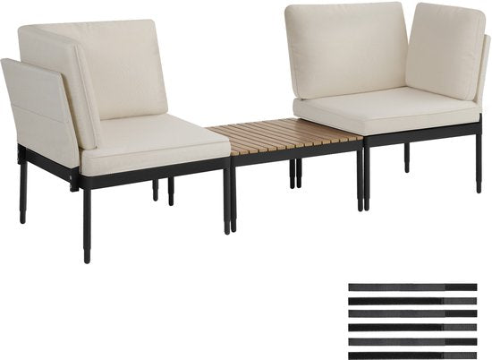 tectake® - Magaluf lounge set - Salon de jardin 5 en 1 avec structure en aluminium - 2 fauteuils de jardin et 1 table basse - Peut être utilisé comme chaise longue, banc d'angle ou banc de jardin 2 places - Coussins inclus - Set de balcon 2 personnes
