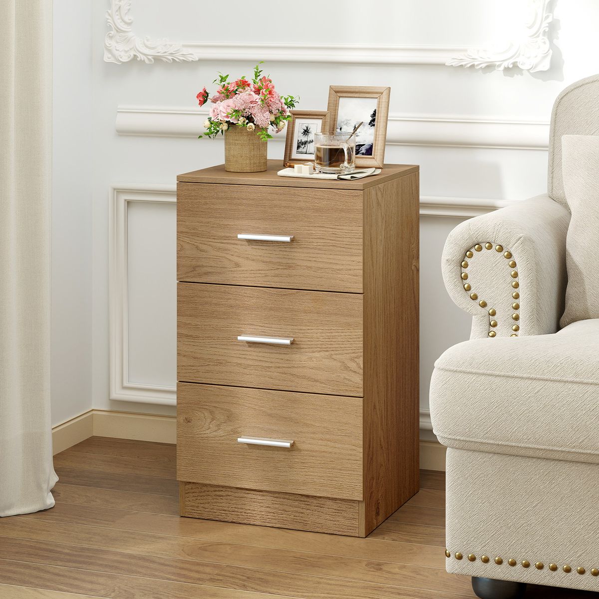 Table de chevet Coast - Commode en bois à 3 tiroirs - Design moderne - Naturel 38 x 35 x 66 cm