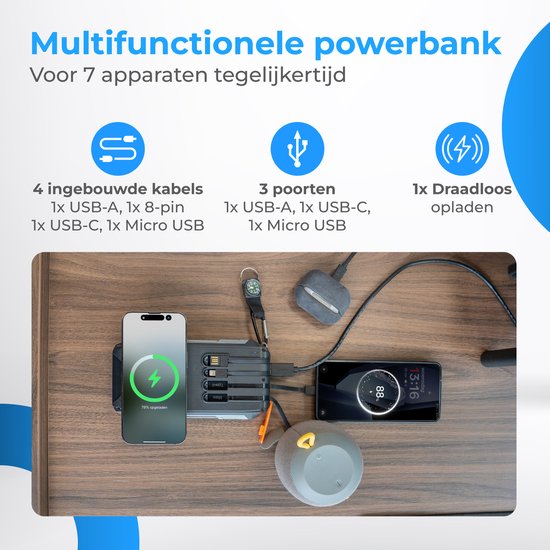 Powerbank solaire Nuvance 20 000 mAh - Chargeur rapide 22,5 W - USB-C et USB-A - 4 câbles intégrés - Powerbank sans fil 15 W - Kit d'urgence - Powerbank à énergie solaire