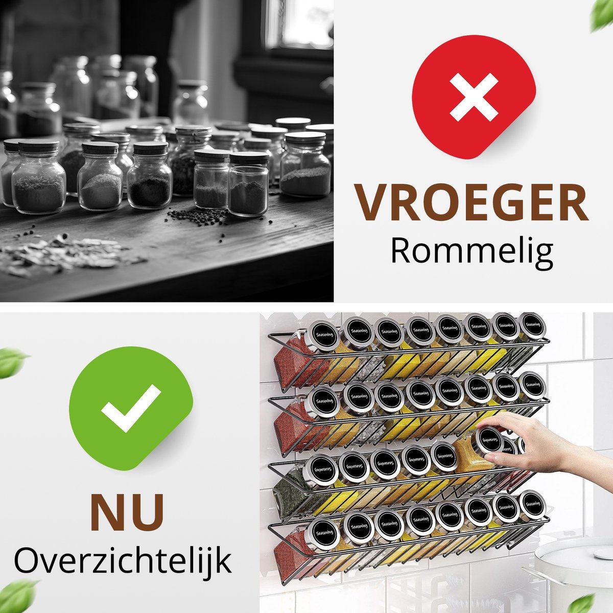 SV Living Support à épices noir 37,3x11,9x6 cm - 32 pots à épices en verre avec accessoires - à suspendre avec ou sans perceuse