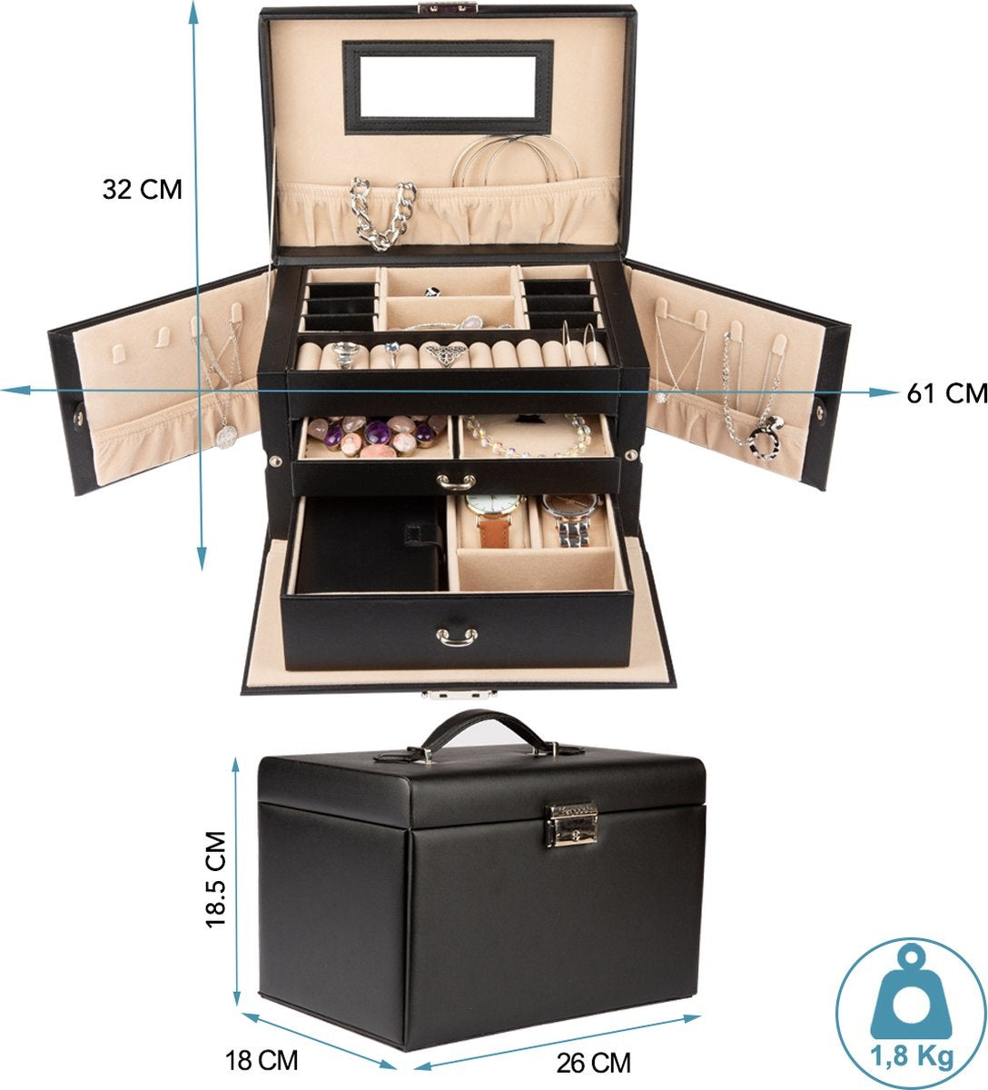 LifeGoods Boîte à bijoux XL - Boîte à bijoux - 20 compartiments - Noir/Beige