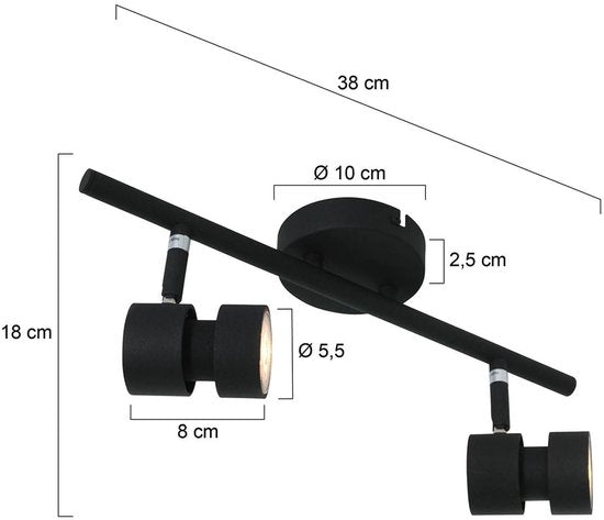 Spot Natasja 7902ZW : spot noir à 2 lampes en métal avec douilles GU10 à intensité variable, pour l'intérieur, au design moderne