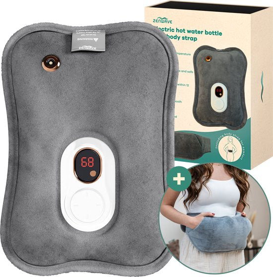 Bouillotte électrique Zenwave avec housse - Écran numérique - Bouillotte et bouillotte à eau avec chauffe-mains - Coussin chauffant rechargeable - Ceinture chauffante pour les règles - Durable et sans fil - Camping et plein air - Bouillotte grise