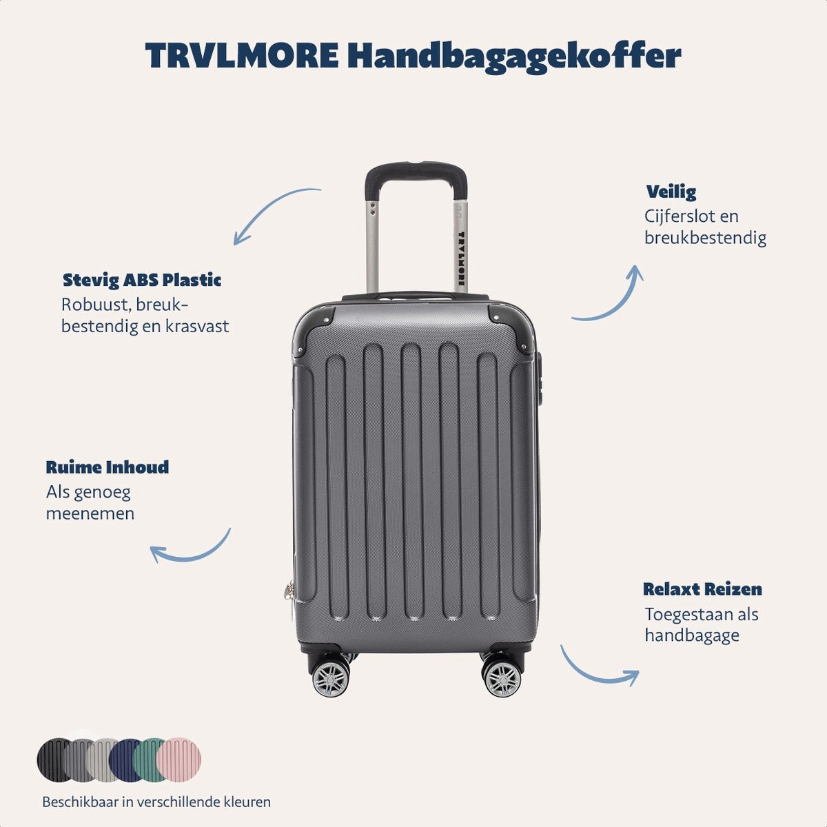 TRVLMORE Bagage à main Valise à roulettes - Serrure à chiffres - 54x36x20cm - 38L - Gris foncé