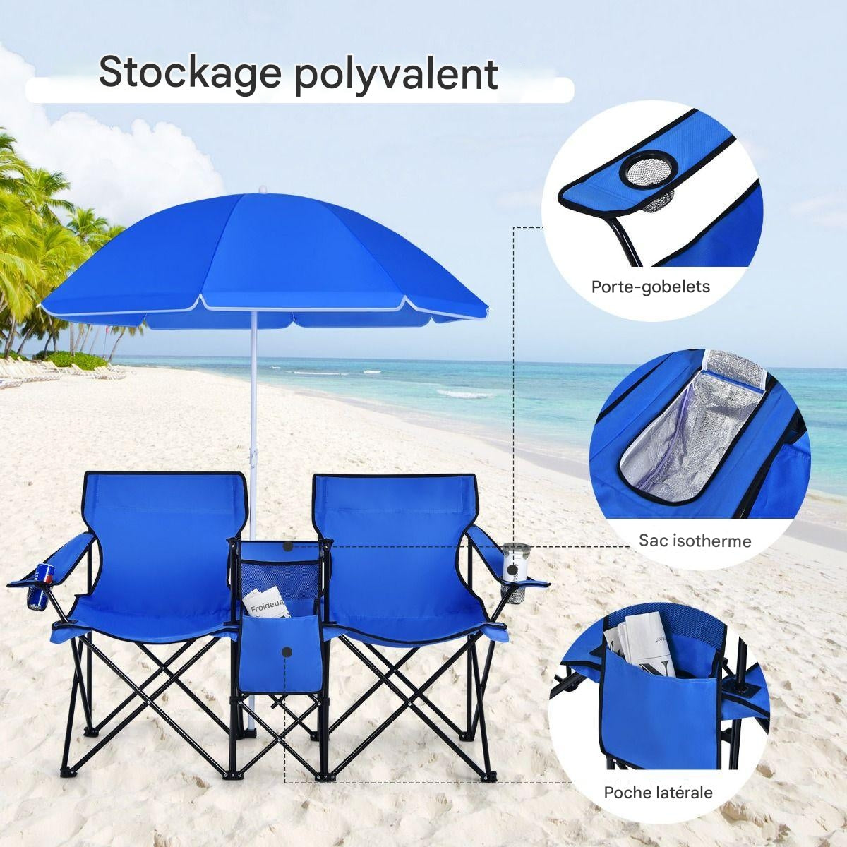 Chaise de camping double pliable Coast, avec parasol, porte-gobelet et sac isotherme, bleu