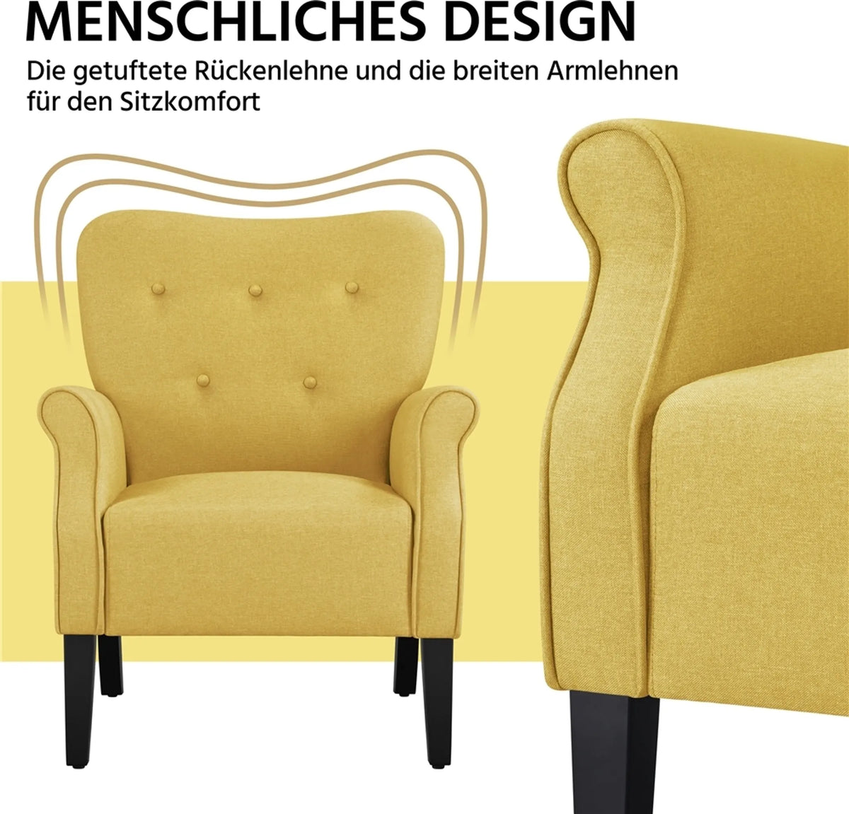 Fauteuil de salon Yaheetech avec pieds en bois - 74 x 72 x 94 cm - Jaune
