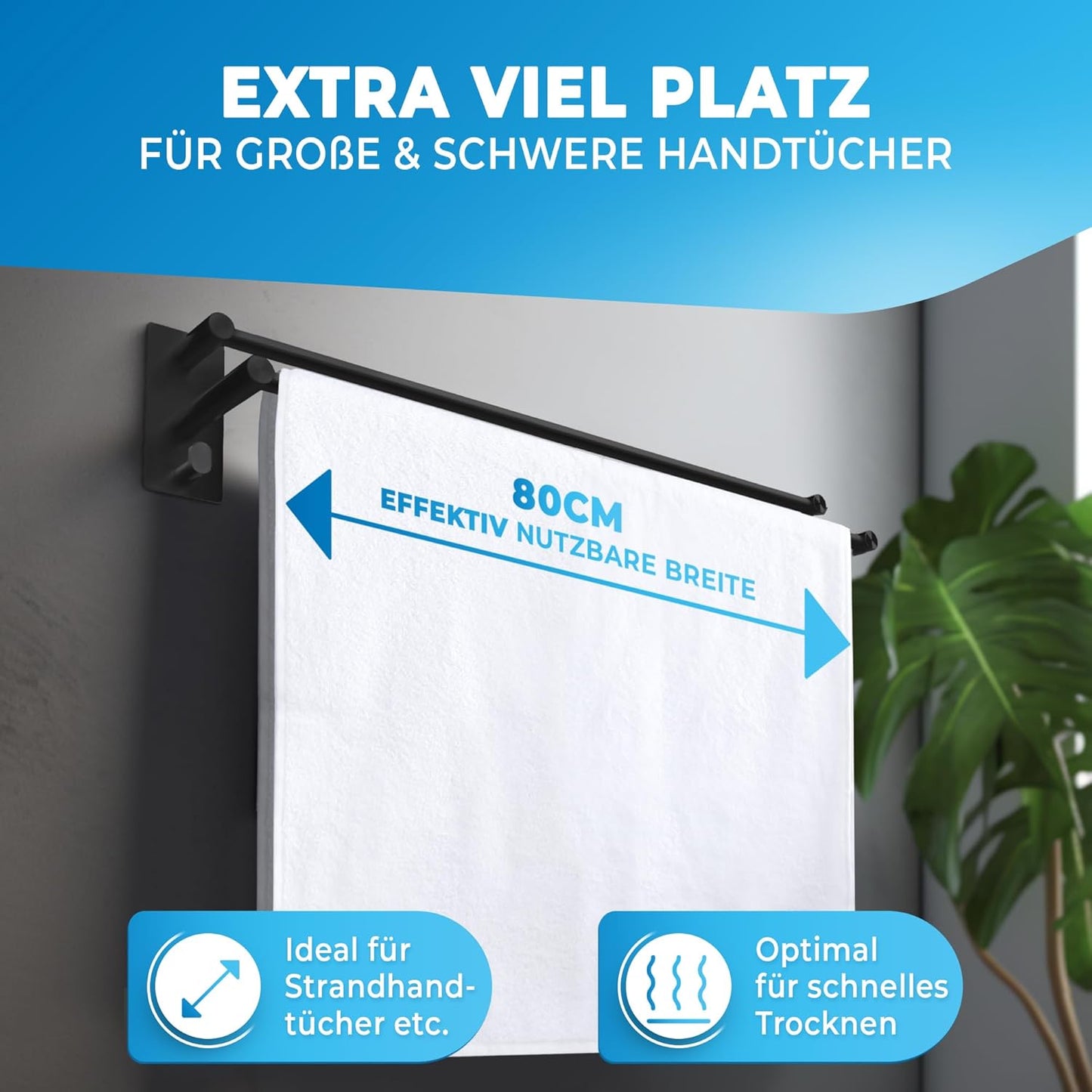 LOBUX® - Porte-serviettes sans percer noir - 80cm, inox - Porte-serviettes salle de bain double, autocollant - Barre porte-serviettes, porte-serviettes de bain incl. 2 crochets porte-serviettes - Salle de bain, paroi de douche, cuisine
