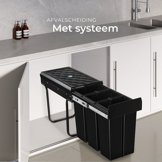 tectake® Collecteur de déchets - Poubelle encastrée - Séparation multiple des déchets - Solution de rangement efficace pour la cuisine et le bureau - Poubelle triple avec rails télescopiques - 3x 10L