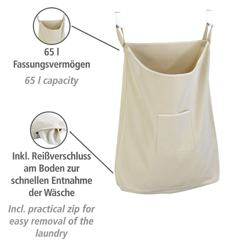 Panier à linge à suspendre Canguro de WENKO, beige - 65 L - Coton - Avec crochets en acier inoxydable
