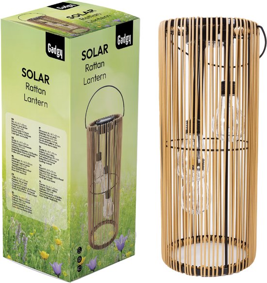 Éclairage de jardin Gadgy Solar à énergie solaire – Lanterne d'extérieur en rotin – Lampe suspendue ou lampe de table – Résistante aux éclaboussures – Éclairage d'ambiance pour le jardin, le balcon ou la terrasse – Marron – Ø 17 x 41 cm – Capteur jour/nui