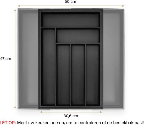 Budu Range-couverts extensible en bambou #47 (47 cm de profondeur) - Noir - Cassette à couverts en bois - Tiroir à couverts - 47 x 30.6 - 50 cm - 6/8 compartiments