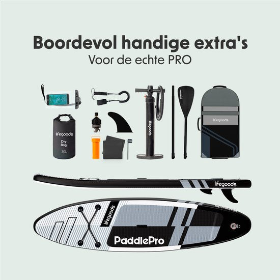 LifeGoods PaddlePro SUP Board Pro - Pro Set - Planche à pagaie gonflable - Max. 150KG - 320x81cm - Noir/Blanc