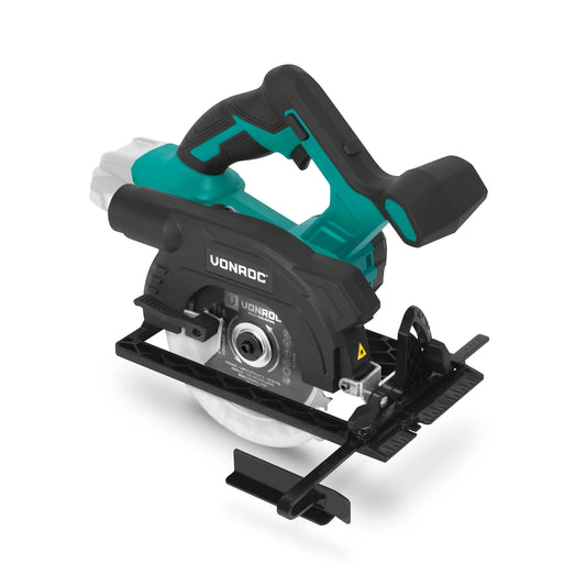 Scie circulaire sans fil Vonroc 20 V 150 mm - Coupe en onglet jusqu'à 45° - Guide parallèle et adaptateur pour aspirateur - Solo (batterie et chargeur non inclus)