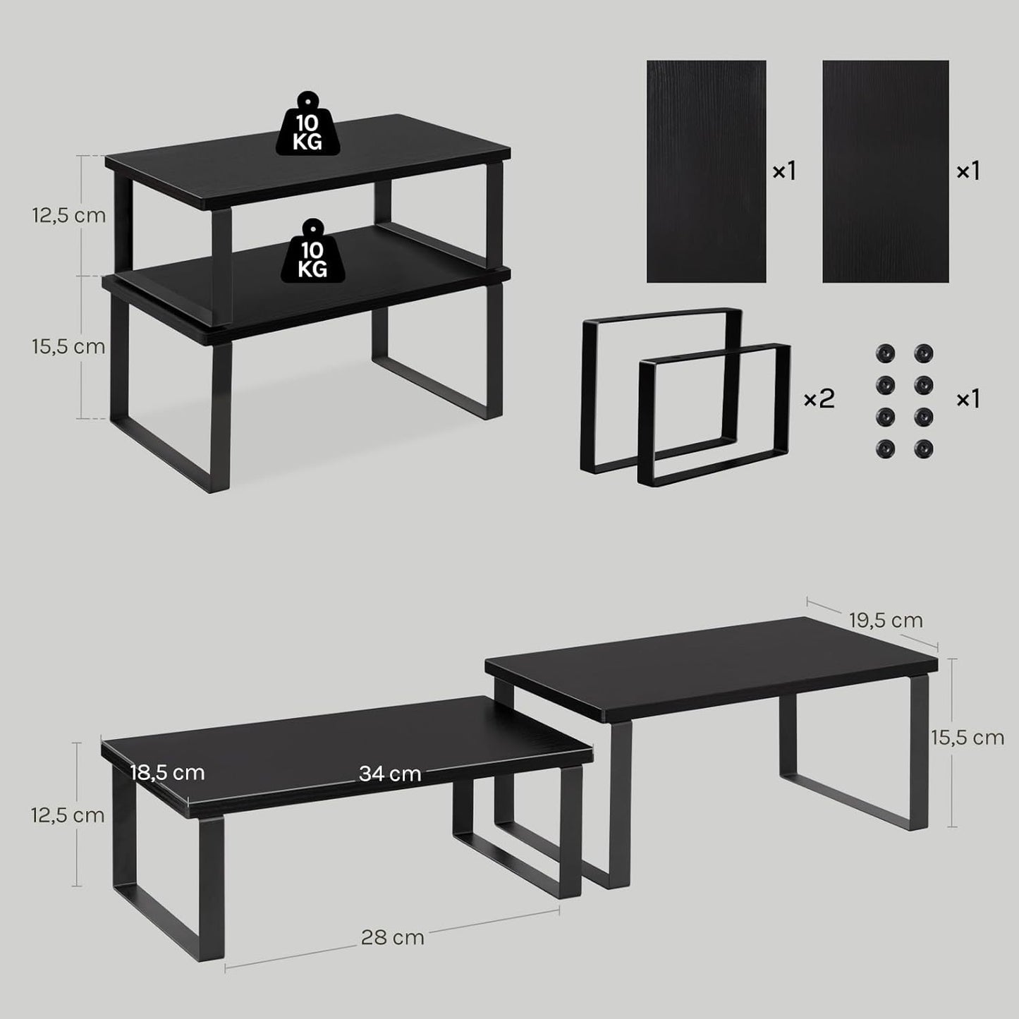 Étagère à épices empilable Woltu en 2 parties - Noir - MDF et métal - 34 x 19,5 x 15,5 cm