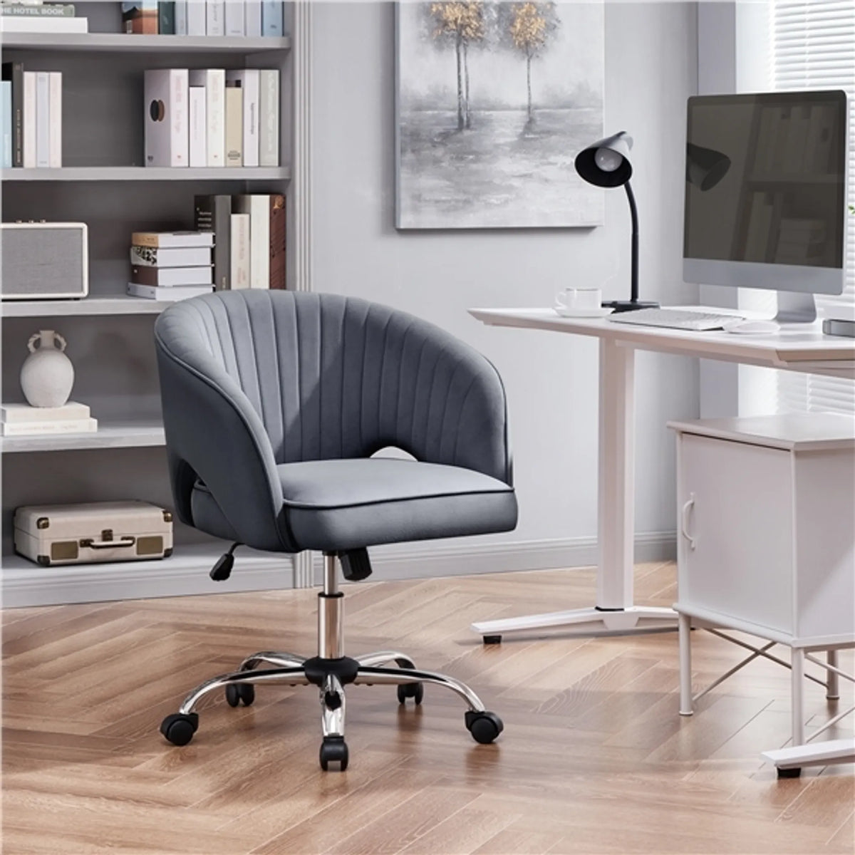 Yaheetech Fauteuil de bureau Fauteuil - 60 x 56,5 x 73-83 cm - rembourrage doux comme du velours, hauteur d'assise réglable et fonction relaxante - pour bureau et hall d'accueil - polyester gris foncé et métal