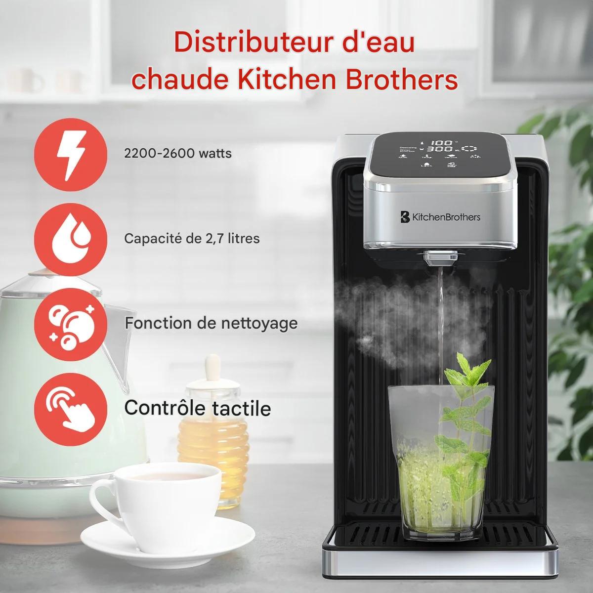 Bouilloire instantanée - KitchenBrothers - 2,7 L - Écran tactile LED - Température réglable 40 à 100°C - Acier inoxydable/Noir