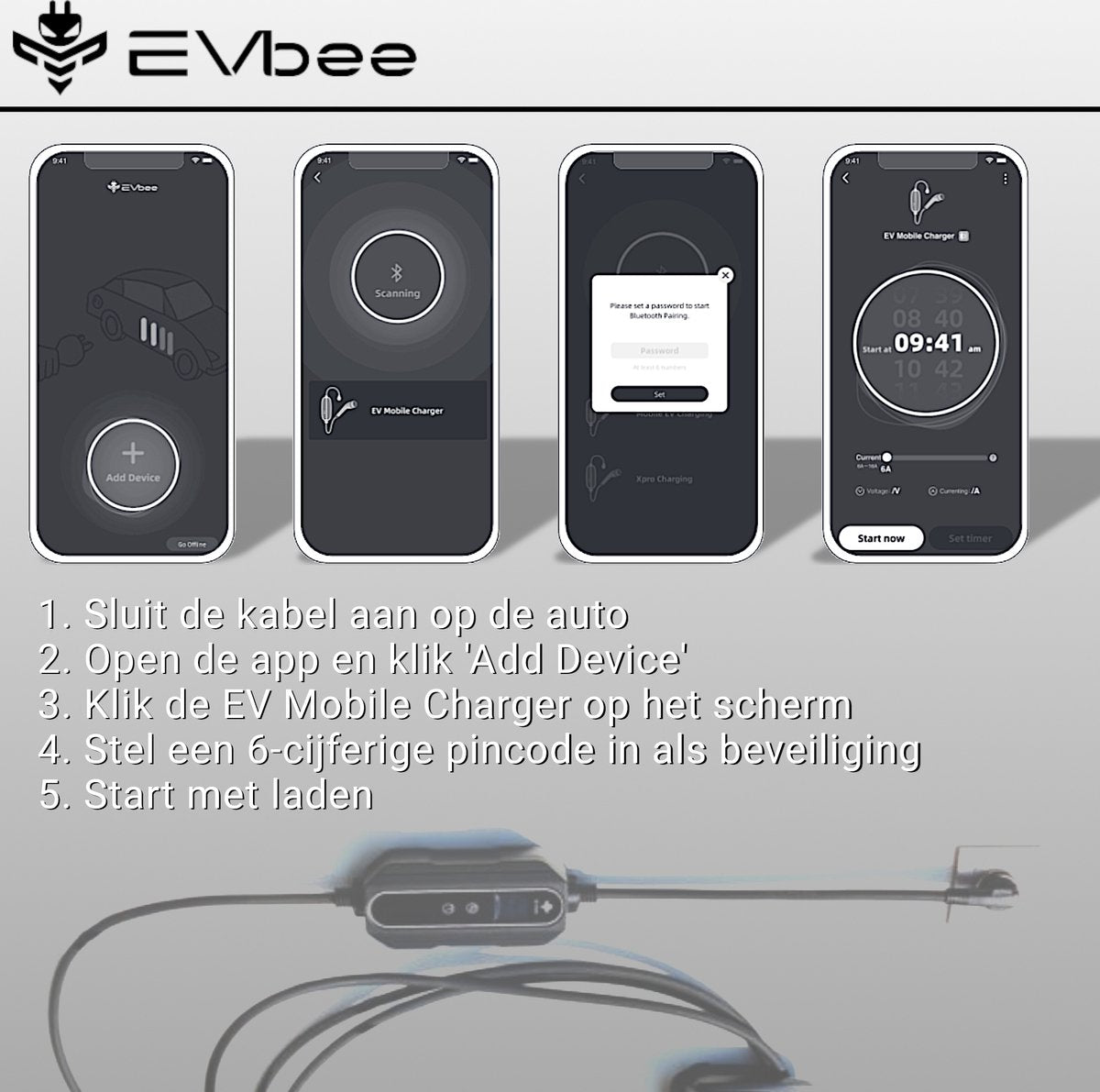 Chargeur domestique Evbee FlexCharger Wallbox - Fonctionne avec une application - 3,7 KW - Noir
