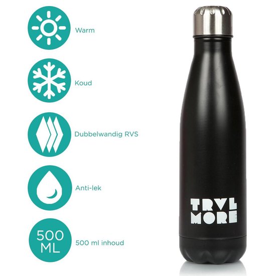 Gourde TravelMore en acier inoxydable - Tasse isotherme de sport - Gourde isotherme pour garder l'eau fraîche ou chaude - Gourde isotherme - Voiture - Fitness - Plein air - Course à pied - Adultes - Sans BPA - Double paroi - Tige - Acier - 500 ml - Noir
