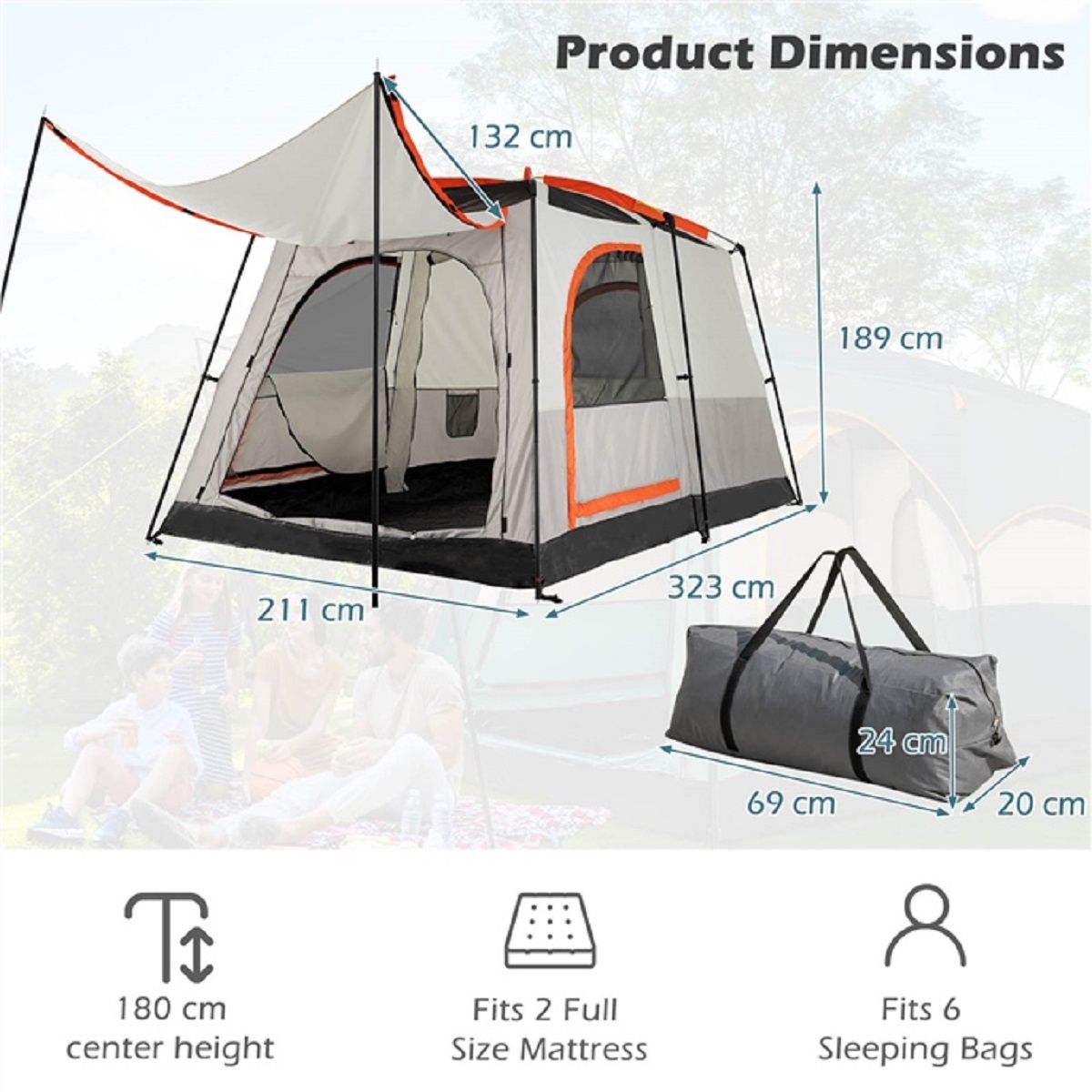 Tente de camping Coast pour 6 personnes - 2 chambres séparées par une cloison - housse anti-pluie et fenêtres en moustiquaire - gris