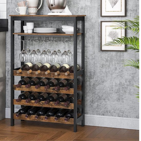 Casier à vin Niceey - Pour 24 bouteilles et 15 verres - 66 × 30 × 100 cm - bois/métal