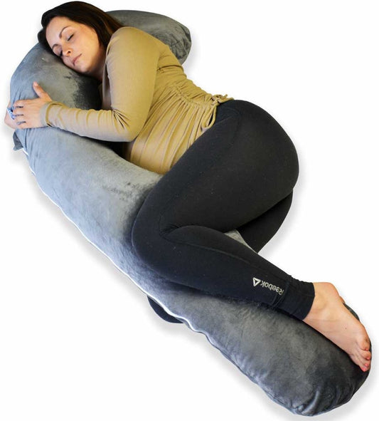 Oreiller de grossesse en forme de J - Ella® - Soutien optimal - confort pour le corps et l’allaitement - housse amovible en polaire Minky -155 cm - Gris