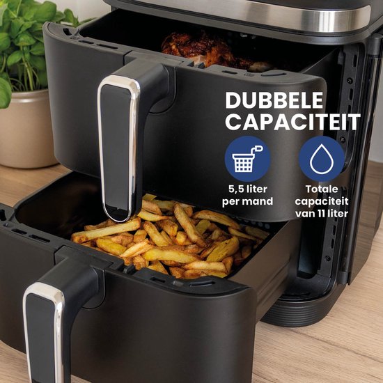 Nexxt - Double Airfryer empilé - Capacité 11 l - Noir et acier inoxydable - 12 programmes de cuisson - Modèle empilé - Gain de place et double tiroir
